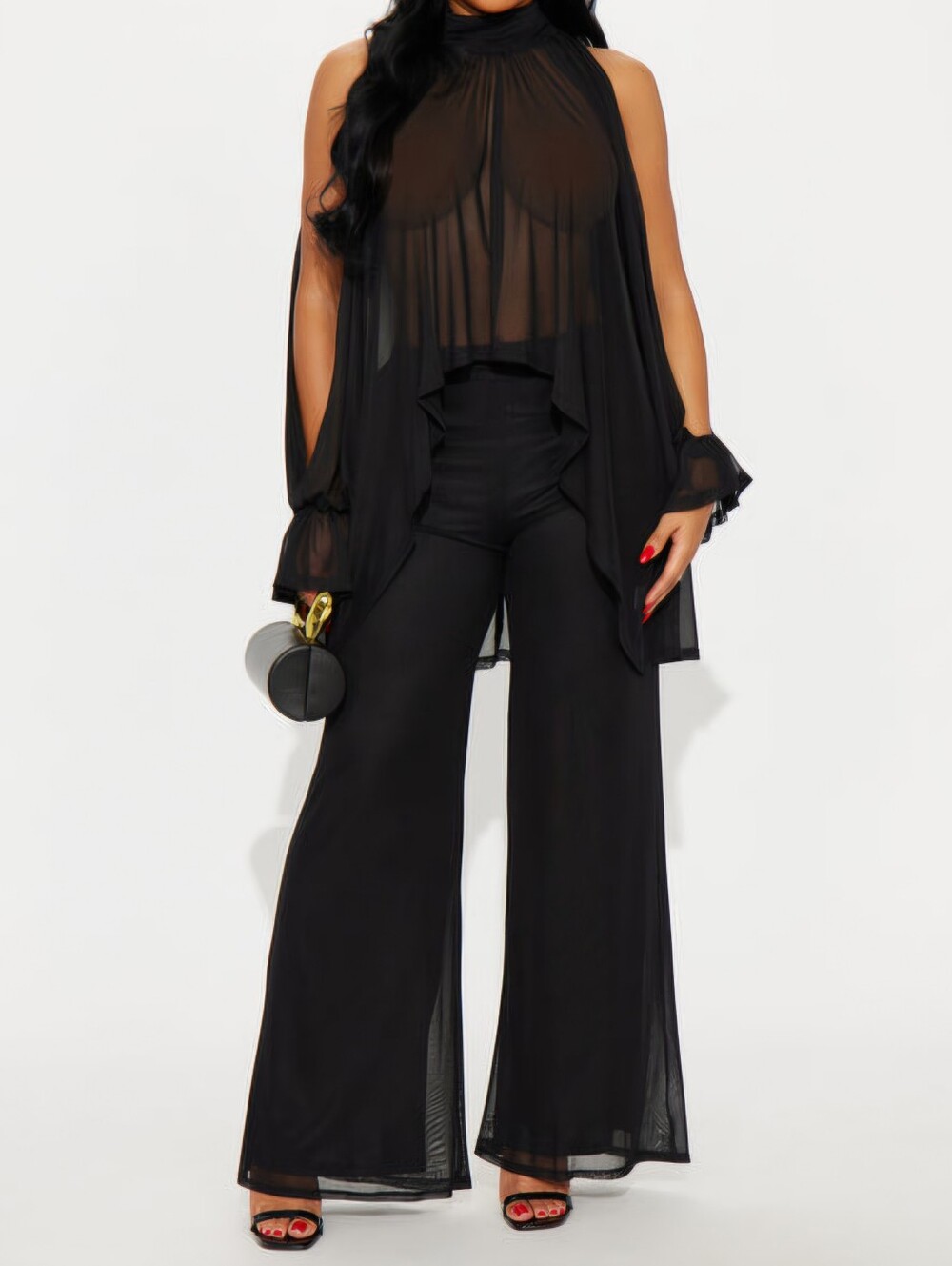 Divine Dreamer Draped Sheer Mesh Pant Set - Black